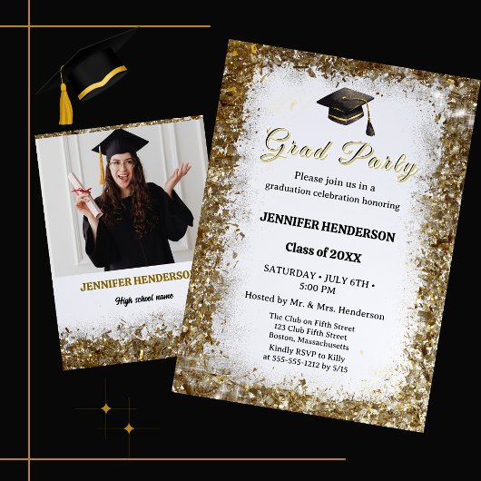 Gold Glitzer Graduation Cap Foto Class 2025 Einladung