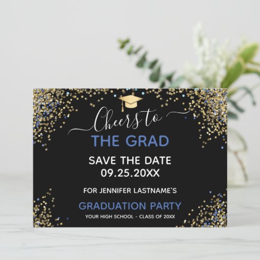 Gold Glitzer Graduation Party Save the Date Einladung (Stehend Vorderseite)