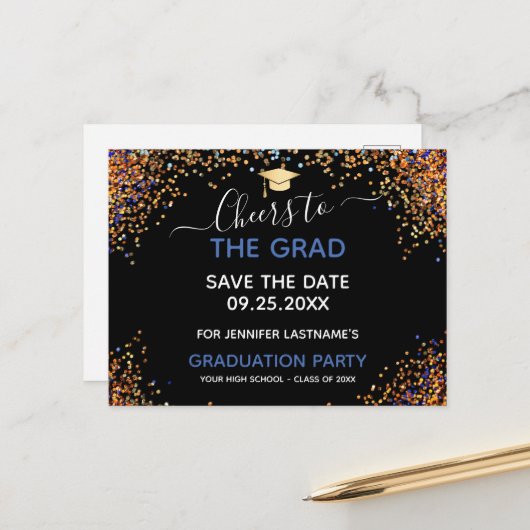 Gold Glitzer Graduation Party Save the Date Postca Postkarte (Vorderseite/Rückseite Beispiel)