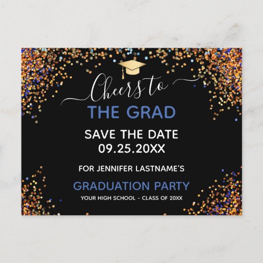 Gold Glitzer Graduation Party Save the Date Postca Postkarte (Vorderseite)