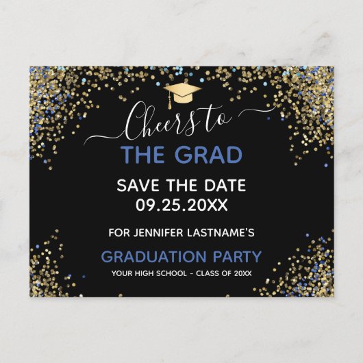 Gold Glitzer Graduation Party Save the Date Postkarte (Vorderseite)