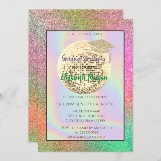 Gold-Glitzer-Graduierungskappe, Disco-Ball, farben Einladung (Vorne/Hinten)
