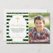 Gold Glitzer Green Striped Erste Kommune Foto Dankeskarte (Vorderseite)