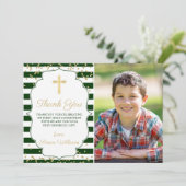 Gold Glitzer Green Striped Erste Kommune Foto Dankeskarte (Stehend Vorderseite)