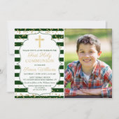 Gold Glitzer Green Striped Erste Kommune Foto Einladung (Vorderseite)