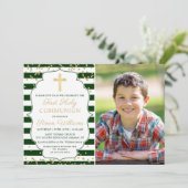 Gold Glitzer Green Striped Erste Kommune Foto Einladung (Stehend Vorderseite)