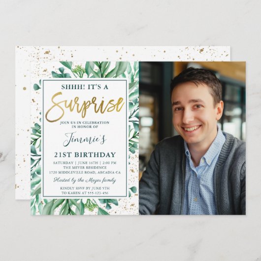 Gold Glitzer Grüne Überraschung Geburtstag Foto Einladung (Vorne/Hinten)
