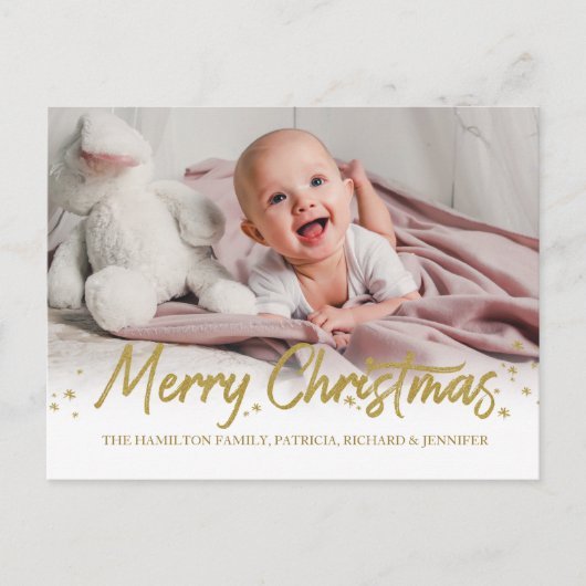 Gold Glitzer Handgeschriebenes Foto Frohe Weihnach Postkarte (Vorderseite)