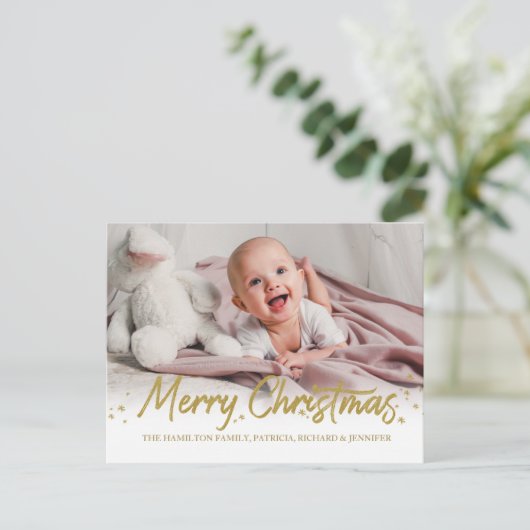 Gold Glitzer Handgeschriebenes Foto Frohe Weihnach Postkarte (Stehend Vorderseite)