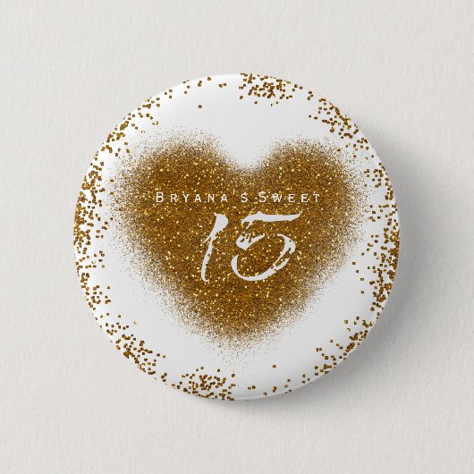Gold Glitzer Heart 15 Quinceincera Birthday Button (Vorderseite)