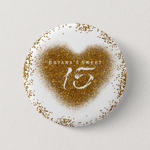 Gold Glitzer Heart 15 Quinceincera Birthday Button