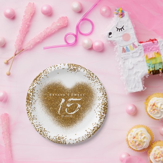 Gold Glitzer Heart 15 Quinceincera Party Teller (Party)