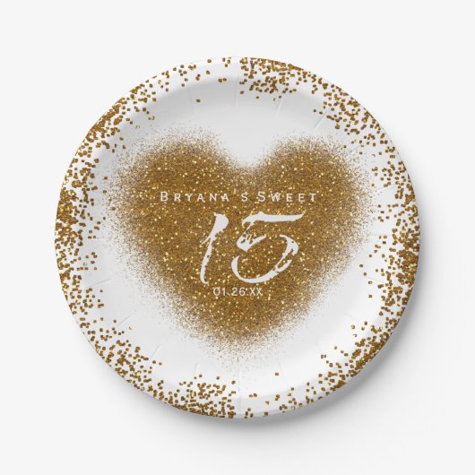 Gold Glitzer Heart 15 Quinceincera Party Teller (Vorderseite)