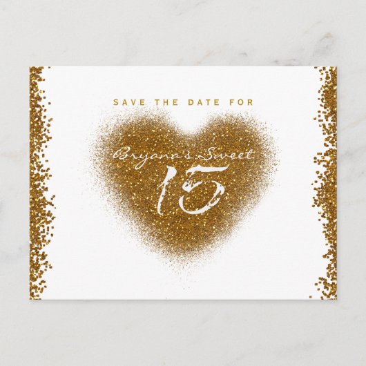 Gold Glitzer Heart 15 Quinceincera Save the Date Ankündigungspostkarte (Vorderseite)