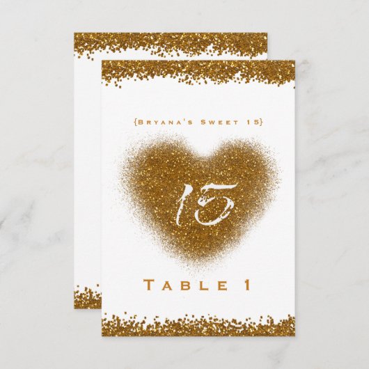 Gold Glitzer Heart 15 Quinceincera Tischnummer (Vorne/Hinten)