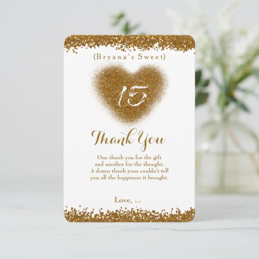 Gold Glitzer Heart 15 Quinceincera Vielen Dank Dankeskarte (Stehend Vorderseite)