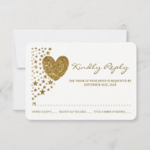 Gold Glitzer Heart and Stars Wedding RSVP