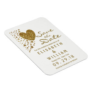 Gold Glitzer Heart and Stars Wedding Save the Date Magnet
