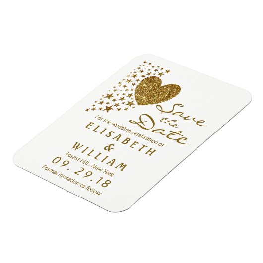 Gold Glitzer Heart and Stars Wedding Save the Date Magnet (Linke Seite)