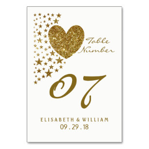 Gold Glitzer Heart and Stars Wedding Table No. Tischnummer