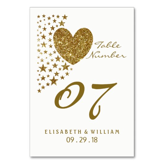 Gold Glitzer Heart and Stars Wedding Table No. Tischnummer (Rückseite)