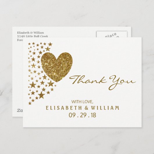 Gold Glitzer Heart and Stars Wedding Vielen Dank Postkarte