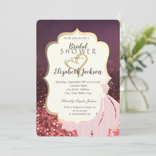 Gold Glitzer Heart, Dress Bokeh Brautparty Einladung (Stehend Vorderseite)