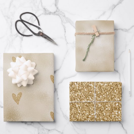 Gold Glitzer Heart Geschenkpapier Set (Vorderseite)