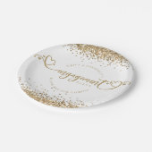 Gold Glitzer Heart Script Names Verlobung White Pappteller (Schrägansicht)