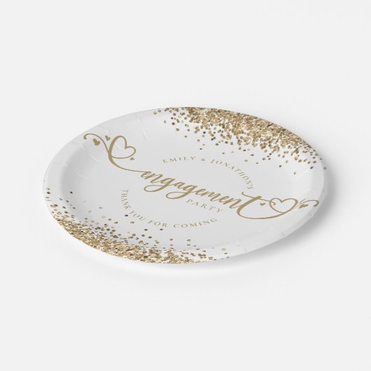 Gold Glitzer Heart Script Names Verlobung White Pappteller (Schrägansicht)