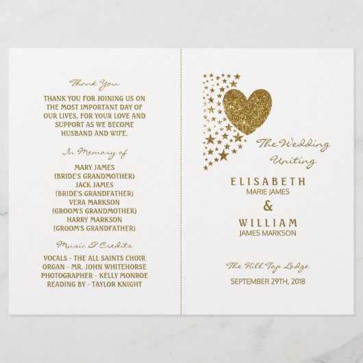 Gold Glitzer Heart & Stars Wedding Bi-fold Program (Vorderseite)