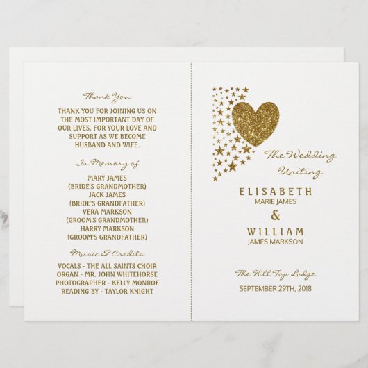 Gold Glitzer Heart & Stars Wedding Bi-fold Program (Vorne/Hinten)