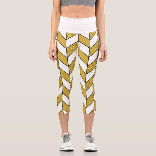 Gold Glitzer Herringbone Zickzack Capri Leggings (Vorderseite)