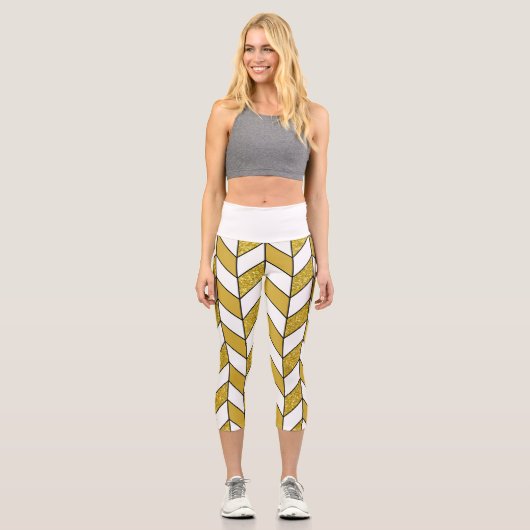 Gold Glitzer Herringbone Zickzack Capri Leggings (Vorderseite)