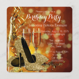 Gold Glitzer High Heels Champagne Geburtstagsparty Einladung