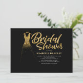 Gold Glitzer Hochzeitskleid Schwarzes Brautparty Einladung (Stehend Vorderseite)