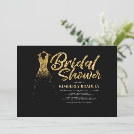 Gold Glitzer Hochzeitskleid Schwarzes Brautparty Einladung (Stehend Vorderseite)