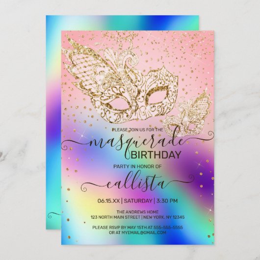 Gold Glitzer Holographic Masquerade Geburtstag Einladung (Vorne/Hinten)