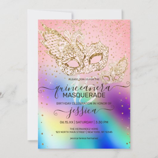 Gold Glitzer Holographic Masquerade Quinceañera Einladung (Vorderseite)