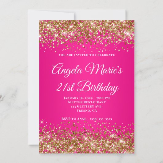 Gold Glitzer Hot Pink Extravagant Monogram 21. Geb Einladung (Vorderseite)