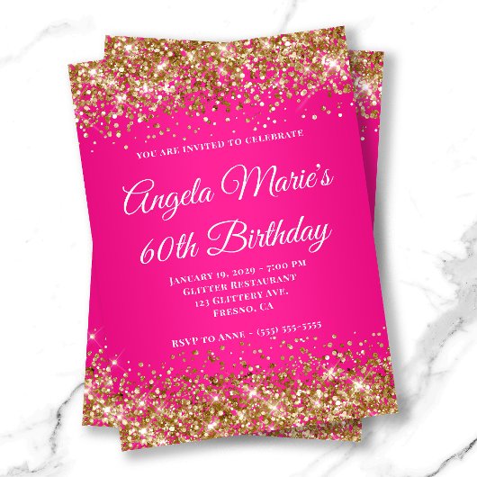 Gold Glitzer Hot Pink Extravagant Monogram 60. Geb Einladung