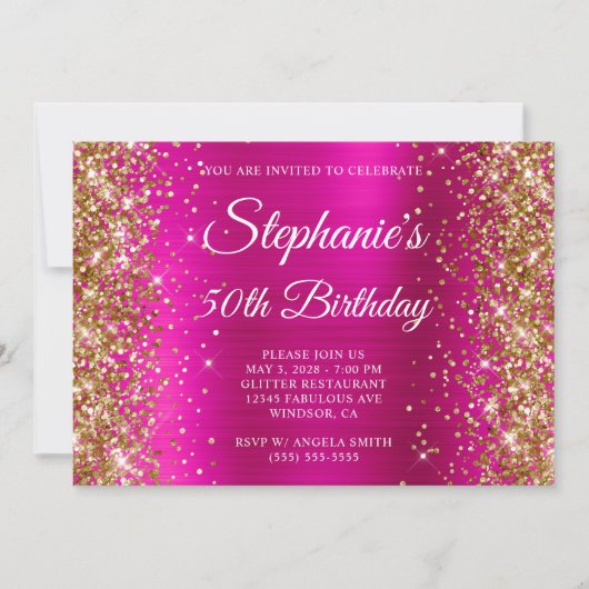 Gold Glitzer Hot Pink Monogram 50. Geburtstag Einladung (Vorderseite)