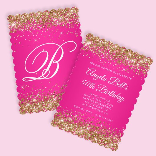Gold Glitzer Hot Pink Monogram 50. Geburtstag Einladung