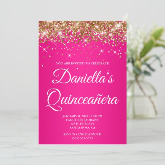 Gold Glitzer Hot Pink Ombre Quinceañera Einladung (Stehend Vorderseite)