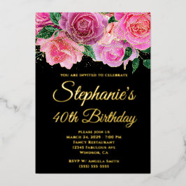 Gold Glitzer Hot Pink Rose Black 40. Geburtstag Folieneinladung