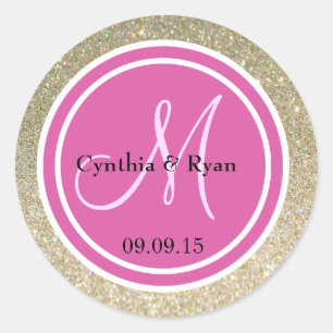 Gold Glitzer & Hot Pink Wedding Monogram Runder Aufkleber