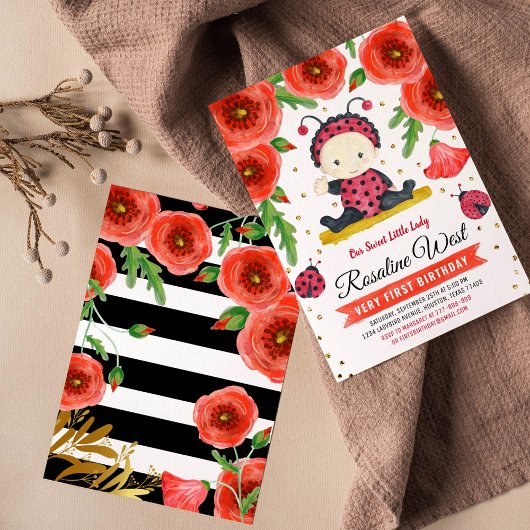 Gold Glitzer I Ladybug Wasserfarbe erster Geburtst Einladung