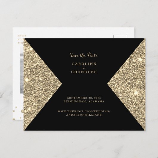 Gold Glitzer Image & Black Glam Save the Date Ankündigungspostkarte (Vorne/Hinten)