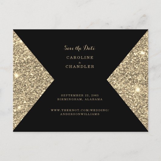 Gold Glitzer Image & Black Glam Save the Date Postkarte (Vorderseite)