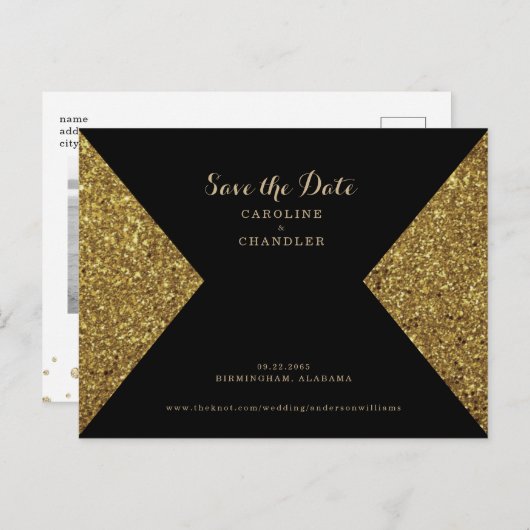 Gold Glitzer Image & Black Glam Save the Date Postkarte (Vorne/Hinten)